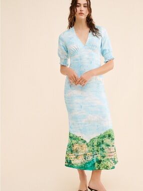 Never Fully Dressed Blue Scenic Maxi Dress with Puff Sleeves
